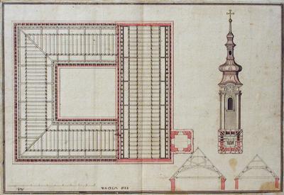 Templom és kolostorépület tetőszerkezetének terve