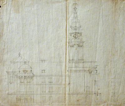 Detail of the facade design with side projection and tower for the Baroque remodelling of Pannonhalma