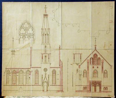 Groundplan and facade plans for the renovation of the Benedictine church of Sopron